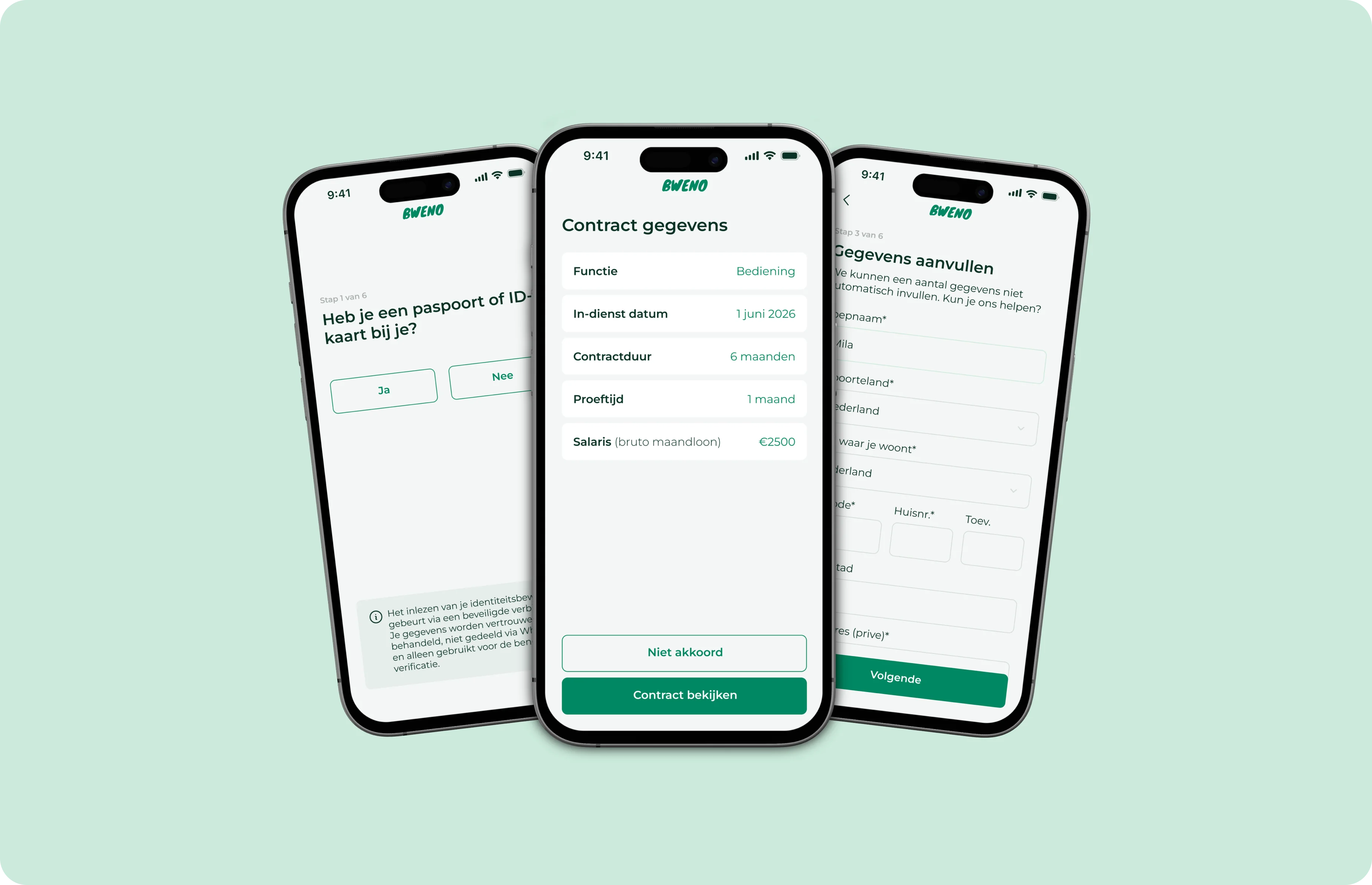 Drie telefoons met de onboarding van Bweno: identiteitscontrole, contractgegevens en gegevens aanvullen