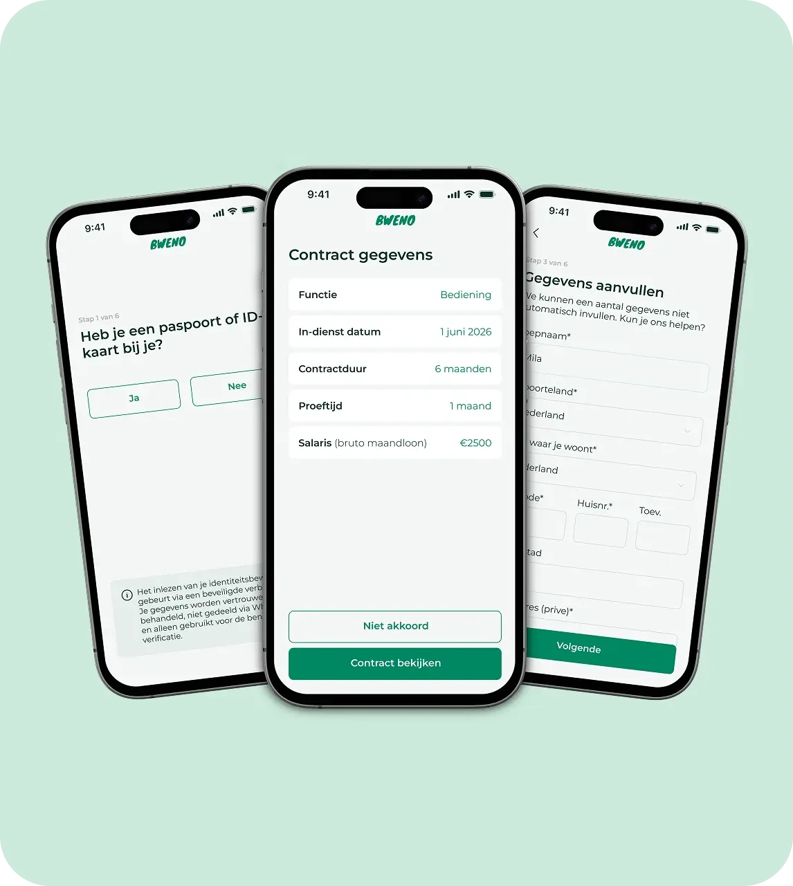 Drie telefoons met de onboarding van Bweno: identiteitscontrole, contractgegevens en gegevens aanvullen