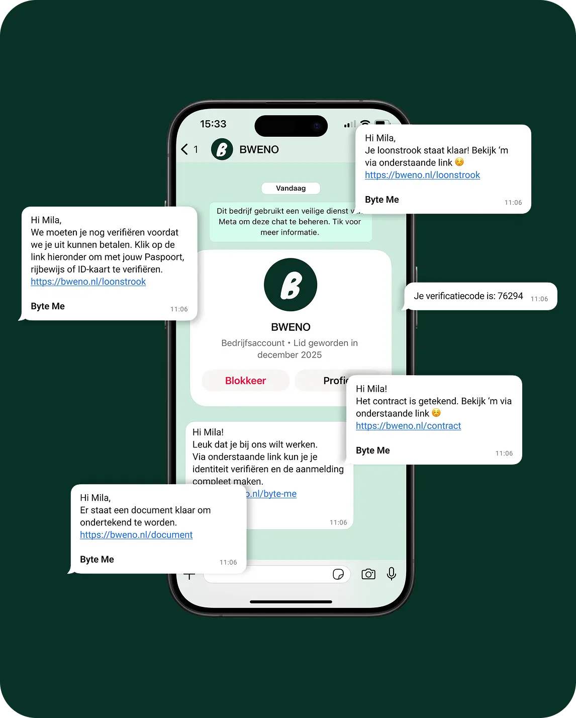 Een WhatsApp-gesprek met Bweno, met berichten over verificatie, een loonstrook en een contract