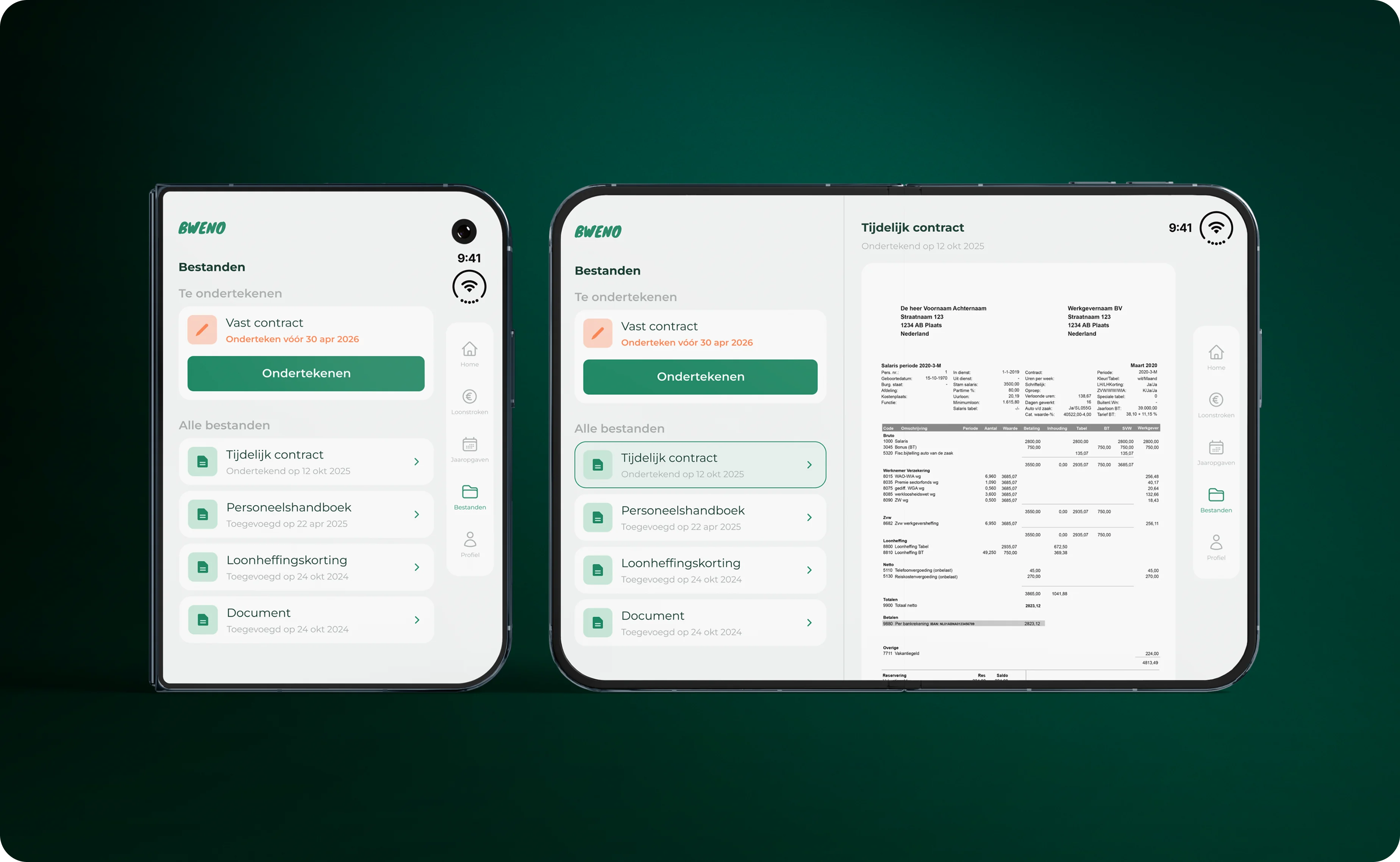 De Bweno-app op twee telefoons: het overzicht van bestanden en een geopend contract