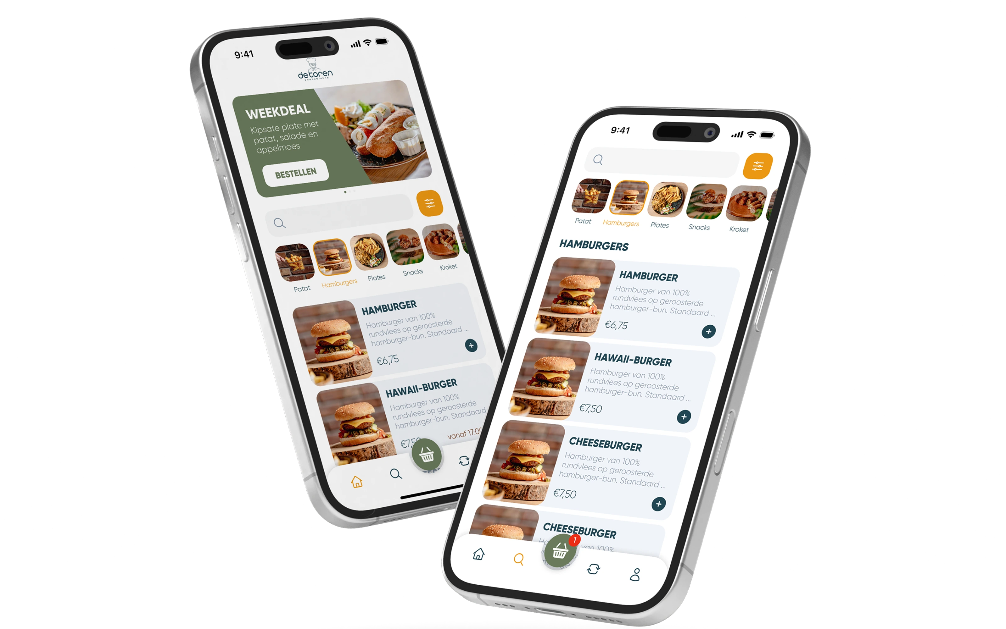 De bestelapp van De Toren op twee telefoons, met het menu en de weekdeal