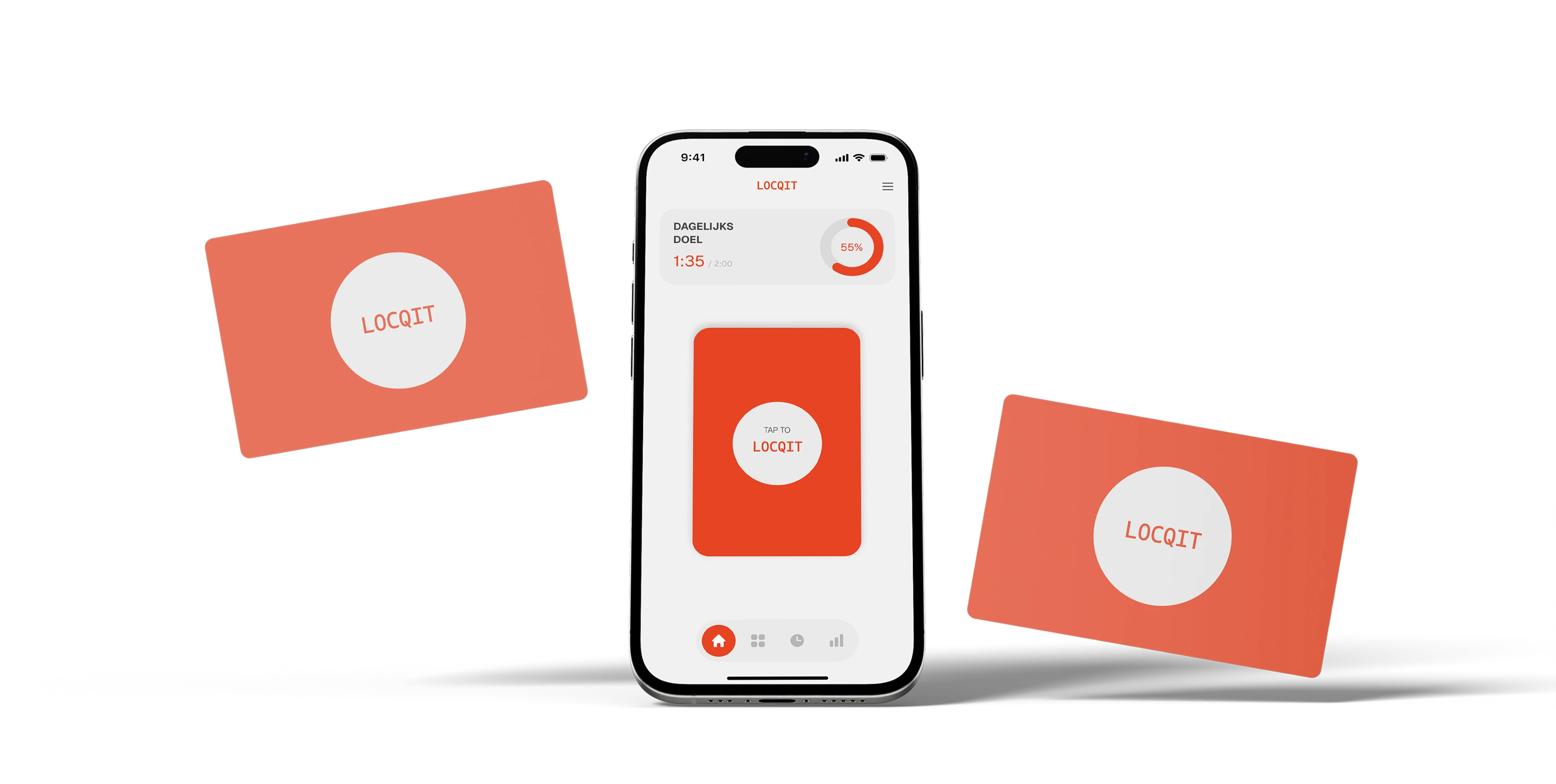 De LOCQIT-app op een telefoon, met twee LOCQIT-passen