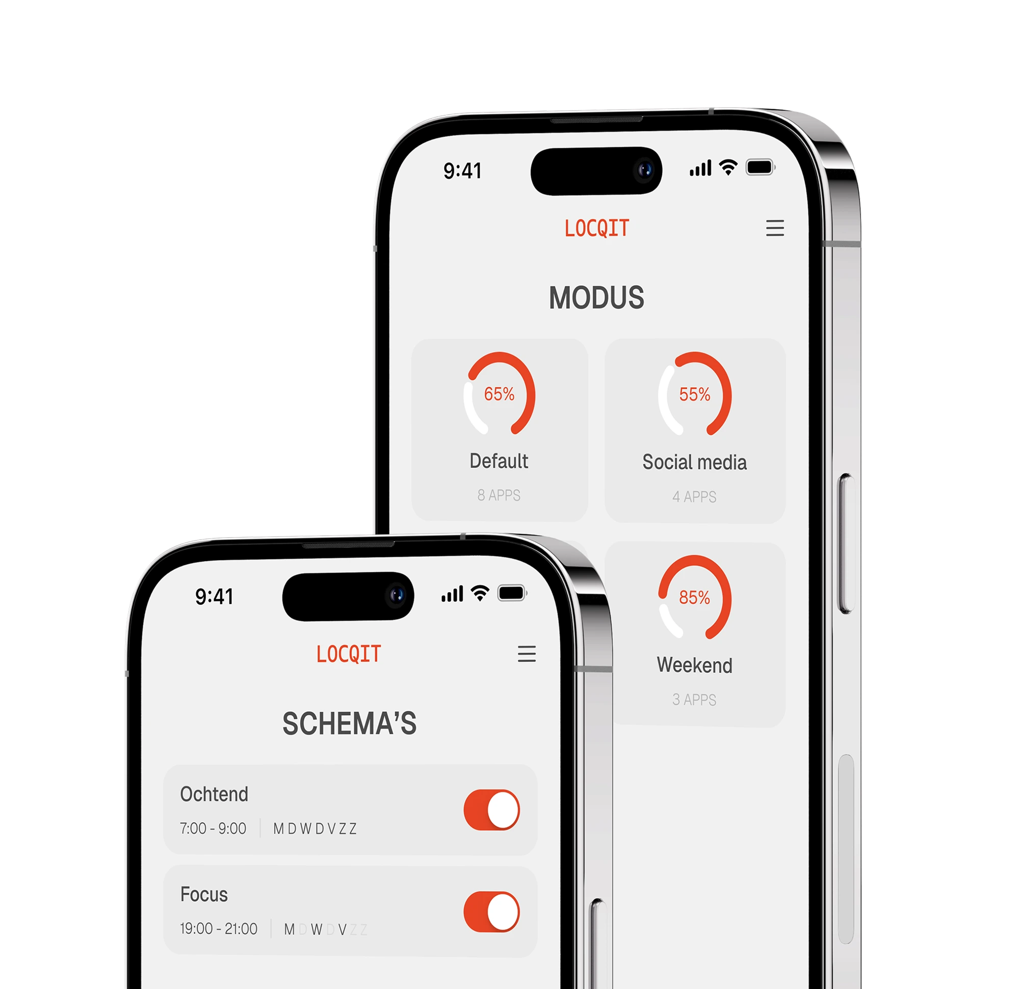 De modus- en schema-schermen van LOCQIT op twee telefoons