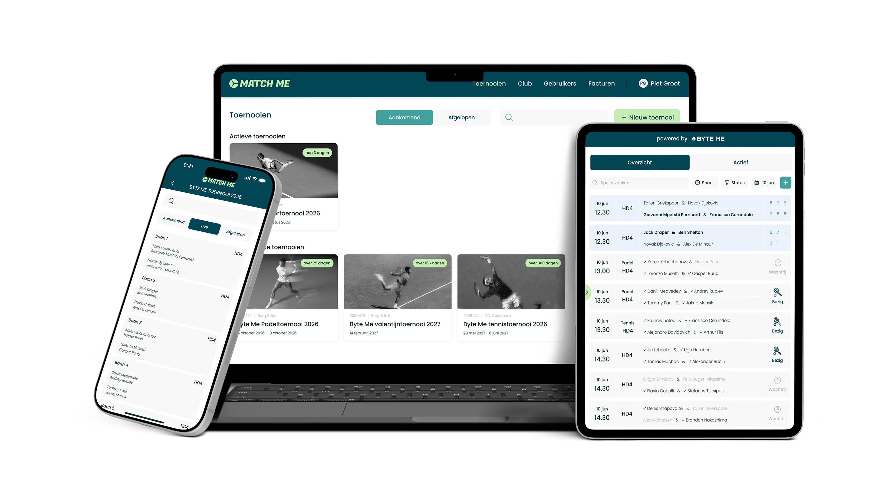 Match Me toernooi-overzicht op een laptop, telefoon en tablet