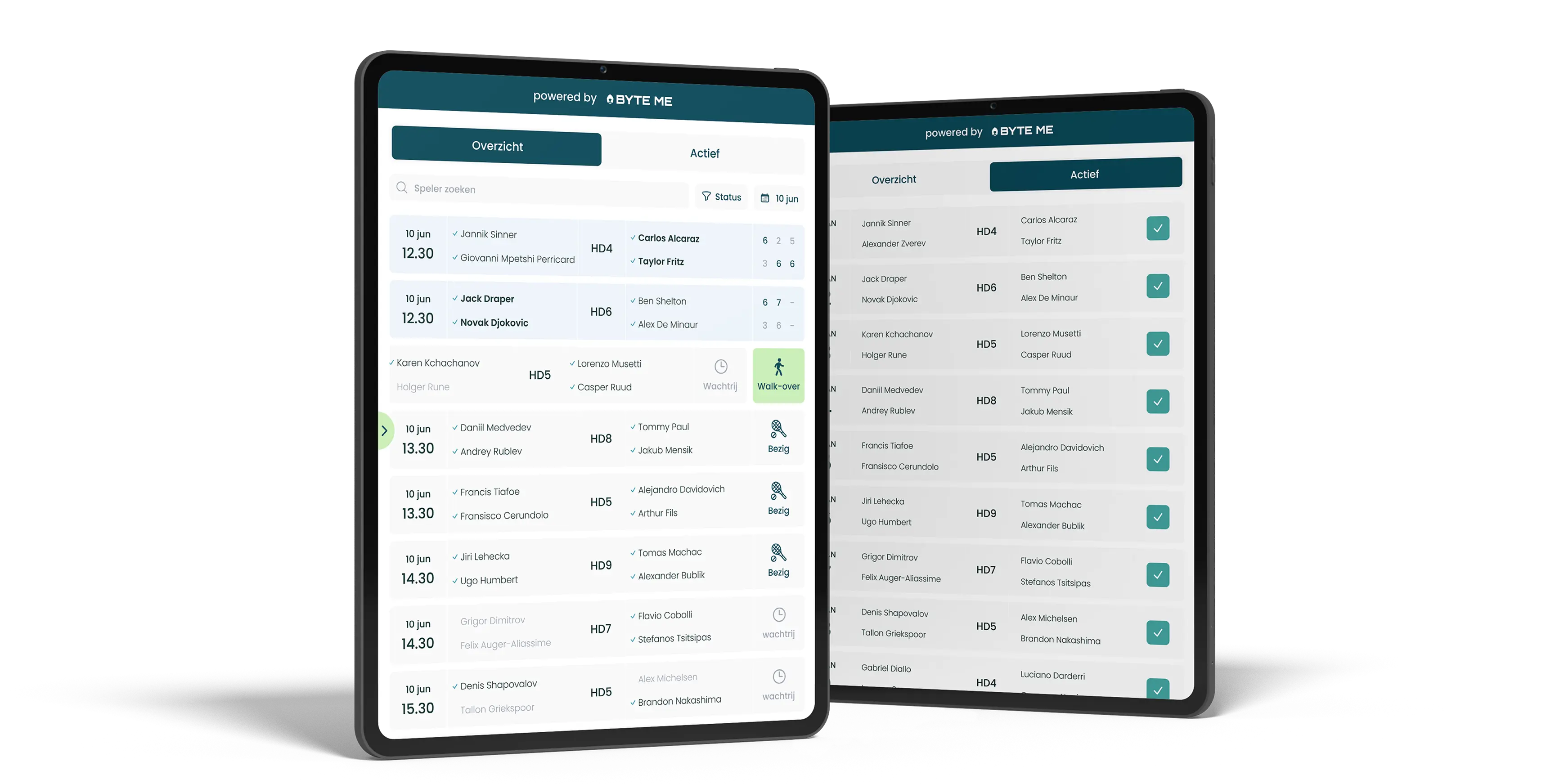 Match Me toernooi-overzicht op twee tablets