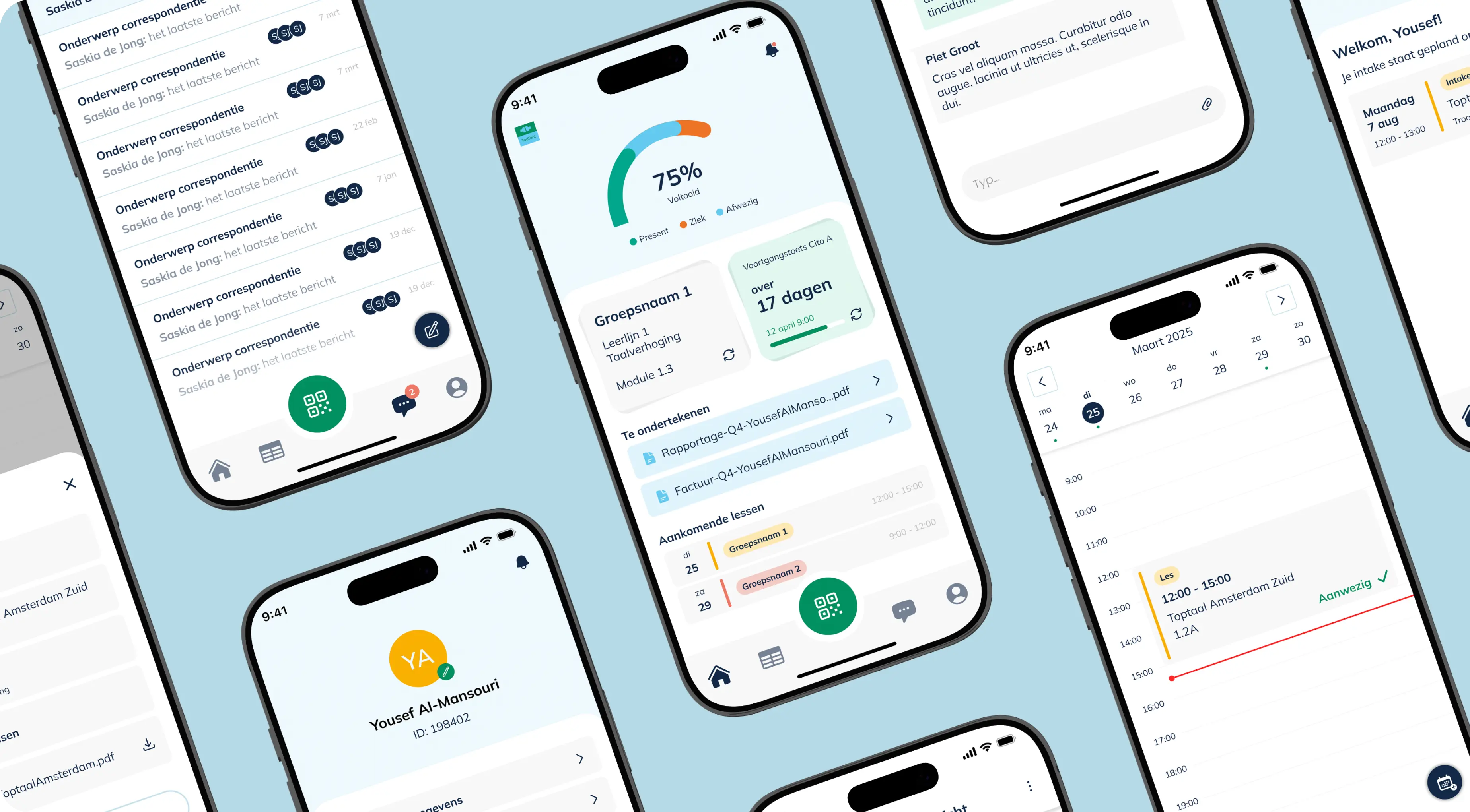 Schermen uit de TopTaal-app op meerdere telefoons: berichten, voortgang, profiel en rooster