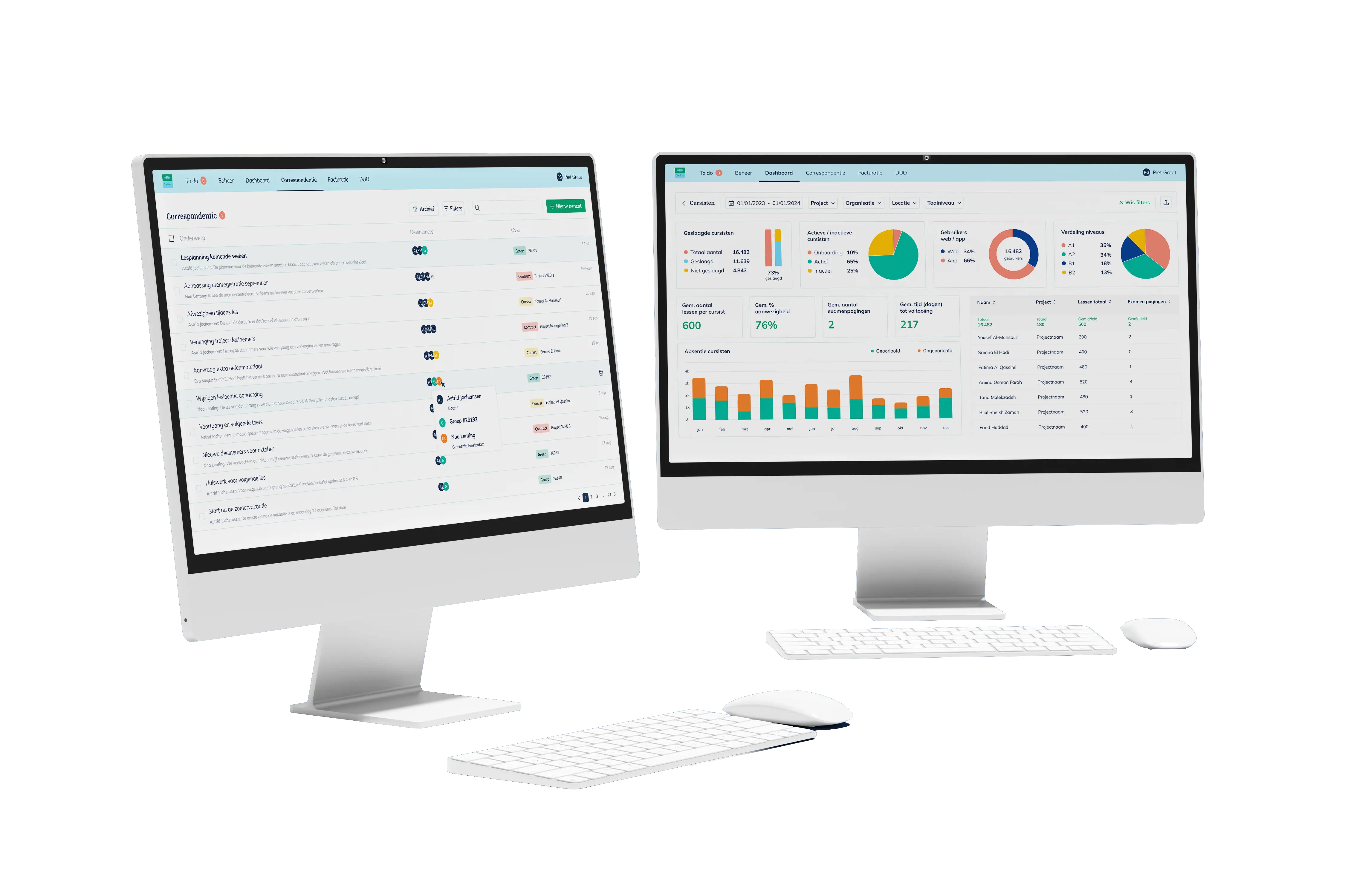 Twee monitors met het TopTaal-platform: correspondentie en het dashboard